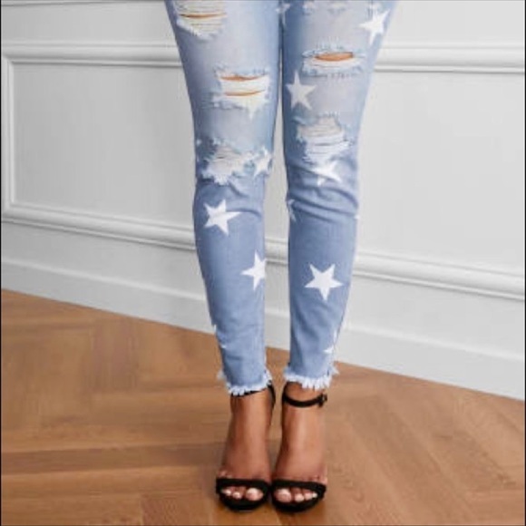 NEW DESTRUCTED RAW HEM STAR PRINT JEANS SZ SMALL NWT BUTT LIFT - Picture 5 of 6
